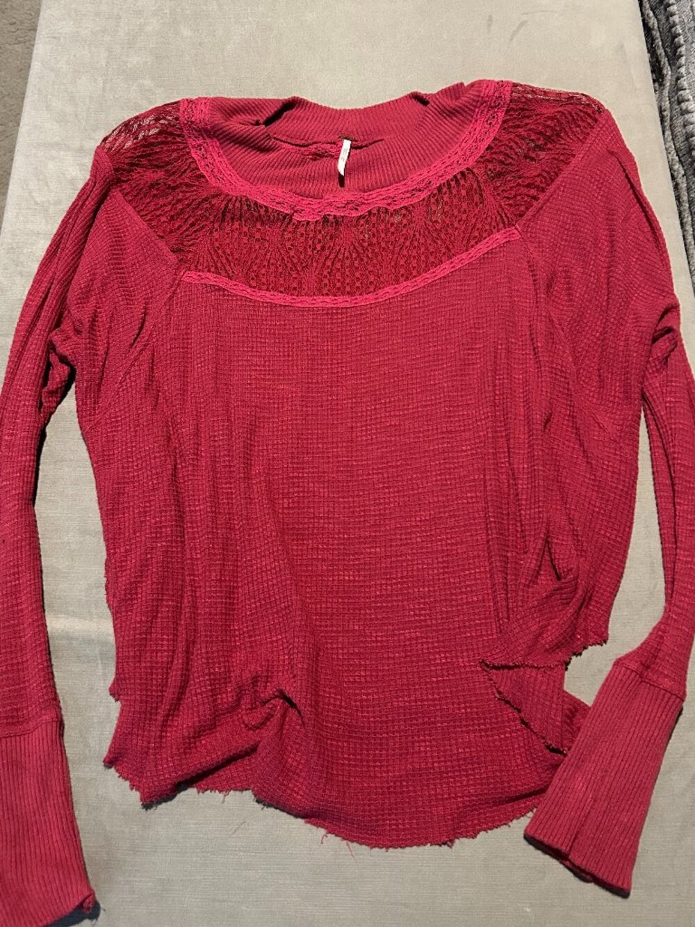 FREE PEOPLE Red Spring Valley Waffle Knit Lace Yoke Thermal Top S